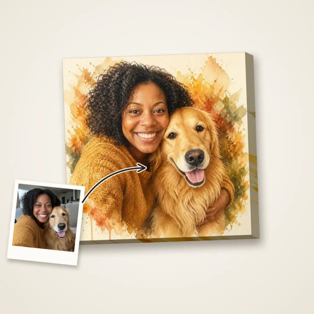 Watercolor portrait of people and their pet on a square canvas, with arrows from each original photo to them in the painting