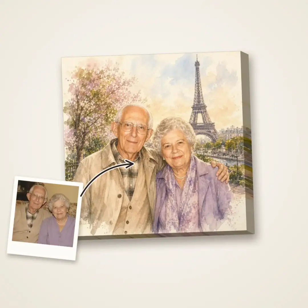 Watercolor travel portrait on a square canvas of a couple together in Paris, with arrows from each person's own photo to them