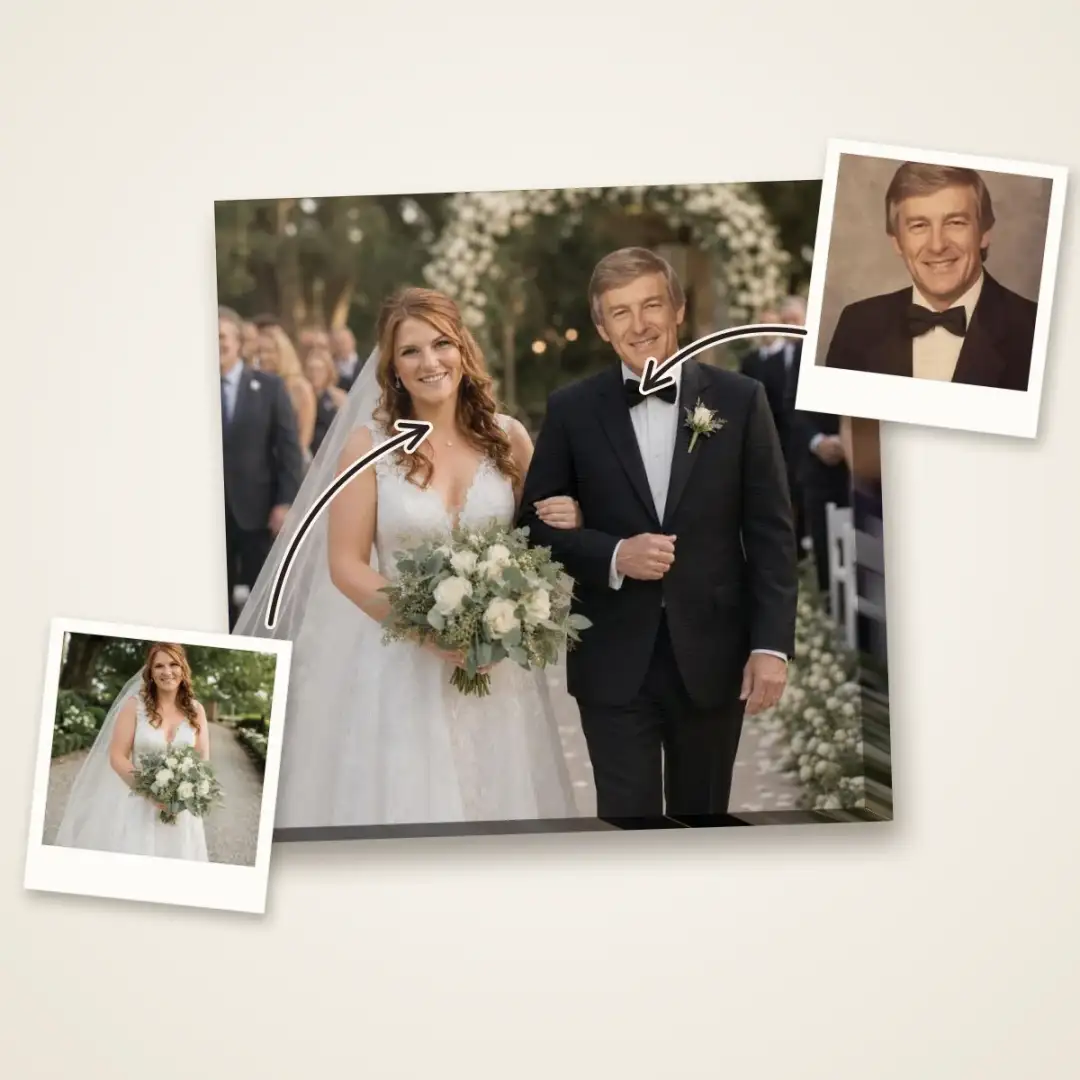 Wedding photo on a square canvas of a loved one with the couple, with arrows from the wedding photo and the loved one's own photo to each person