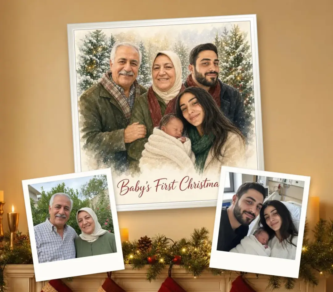 Christmas watercolor of parents holding a newborn beside the grandparents, framed, with the two photos it was painted from