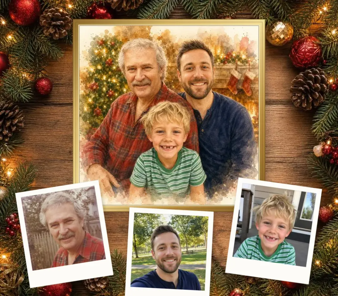 Christmas watercolor of a grandfather, father and young son by a Christmas tree, framed, with the three separate photos it was painted from