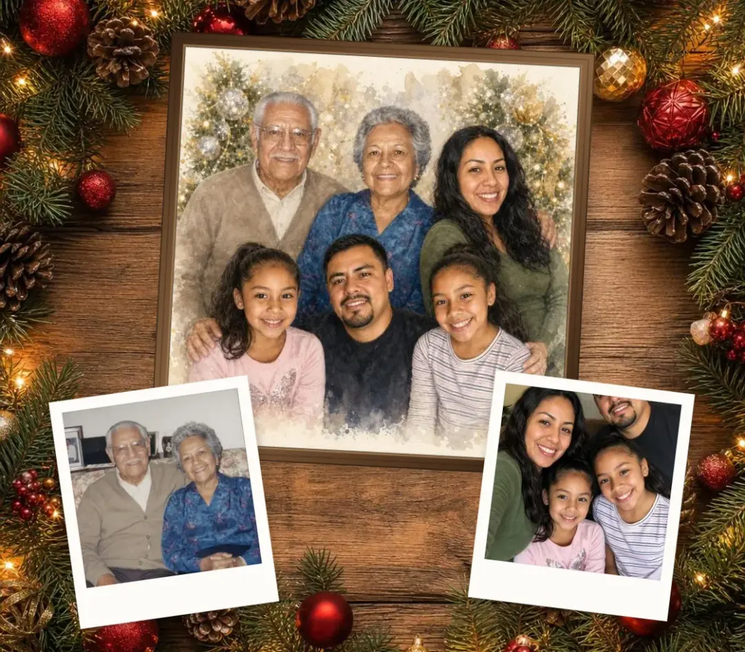 Christmas watercolor of grandparents with their children and grandchildren, framed, with an old print of the grandparents and a family selfie