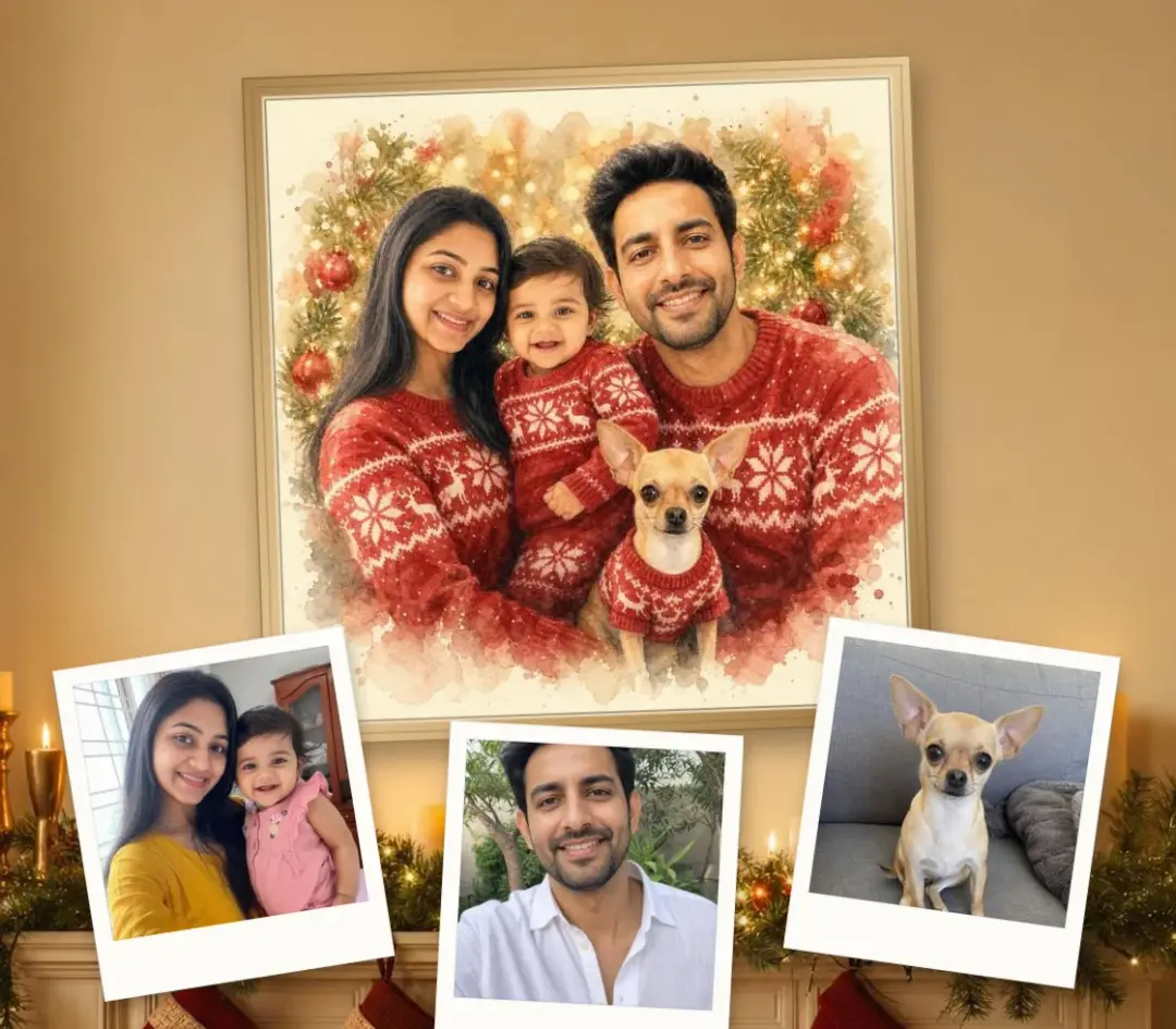 Christmas watercolor of a mother, baby, father and chihuahua, framed, with three separate photos of them