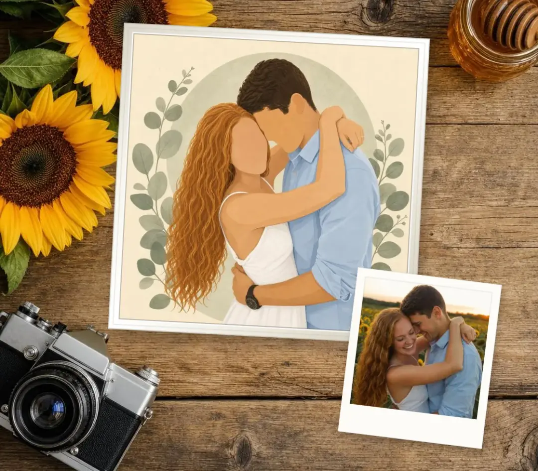 Faceless illustration of a couple embracing in sage and cream, in a white frame, with the photo it was made from