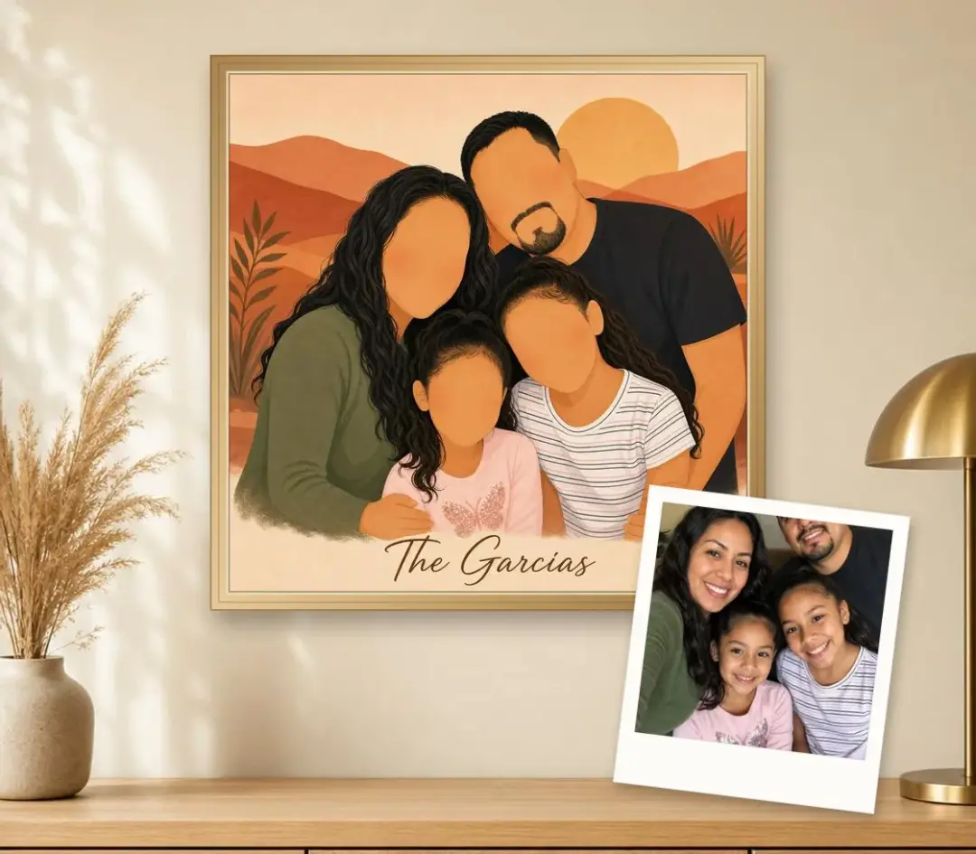 Faceless illustration of a mother, father and two girls on a terracotta sunset, in an oak frame, with the family selfie it was made from