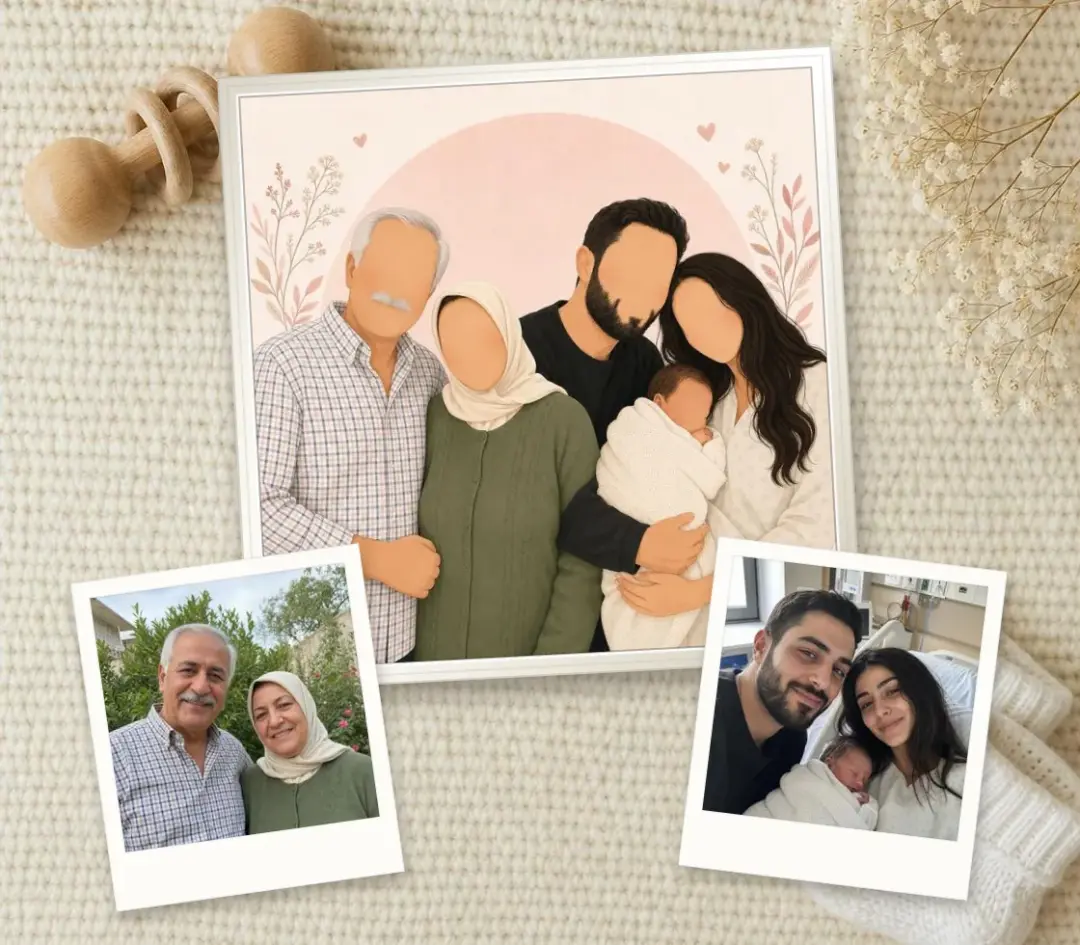 Faceless illustration in soft blush of parents holding a newborn beside the grandparents, in a white frame, with the two photos it was made from