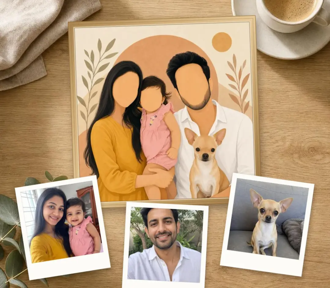 Faceless boho illustration of a mother, baby, father and chihuahua, in an oak frame, with three separate photos of them