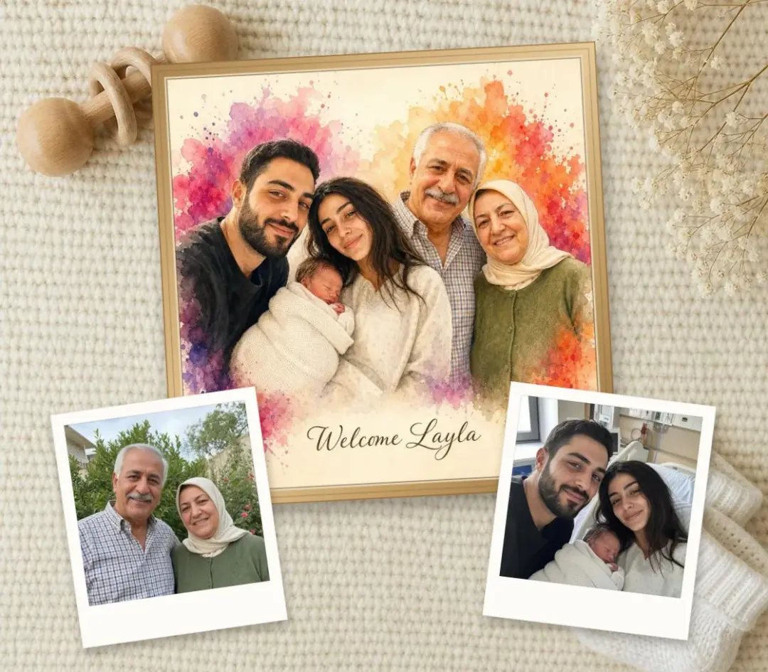 Watercolor portrait of parents holding a newborn beside the grandparents, with a hospital photo and a photo of the grandparents