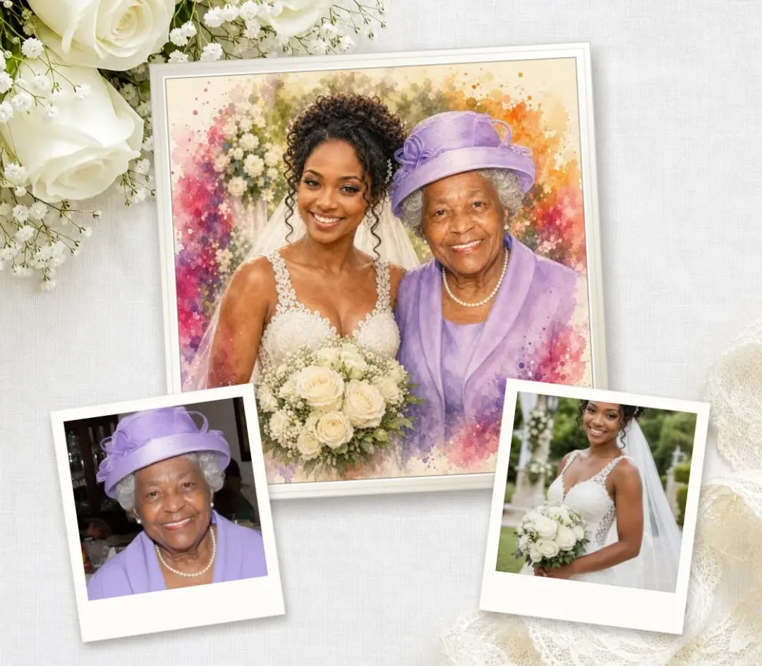 Watercolor portrait of a bride and her grandmother side by side, with the bride's wedding photo and a photo of her grandmother