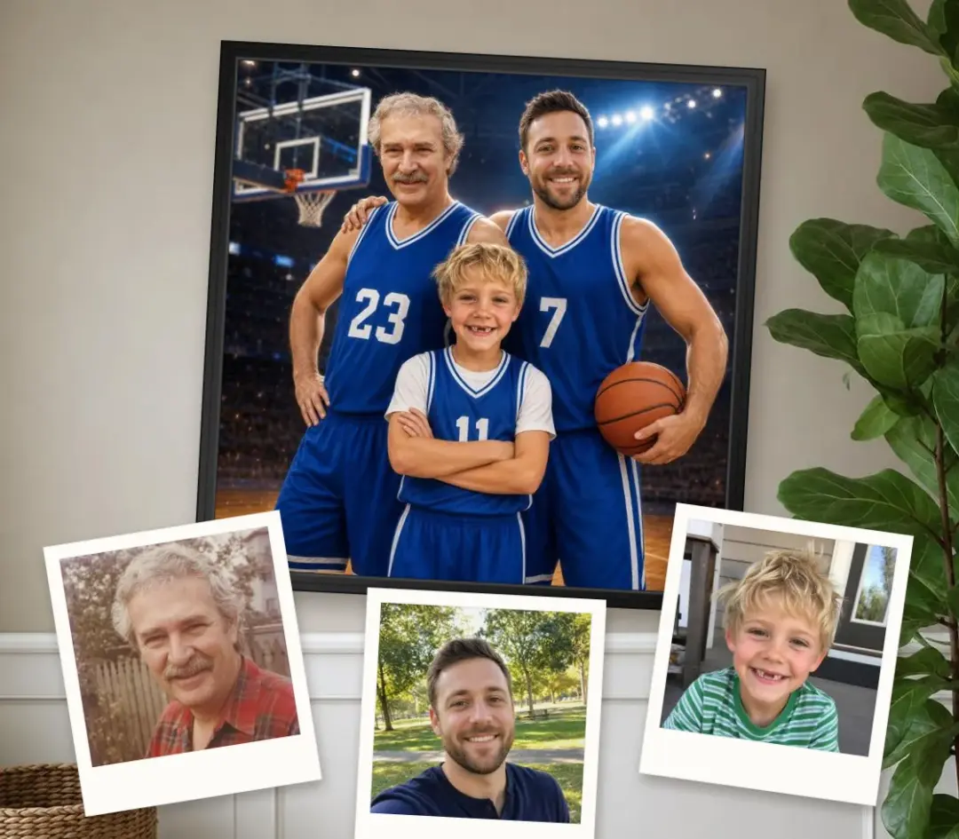 Basketball team poster of a grandfather, father and young son in matching jerseys, in a black frame, with the three separate photos it was made from
