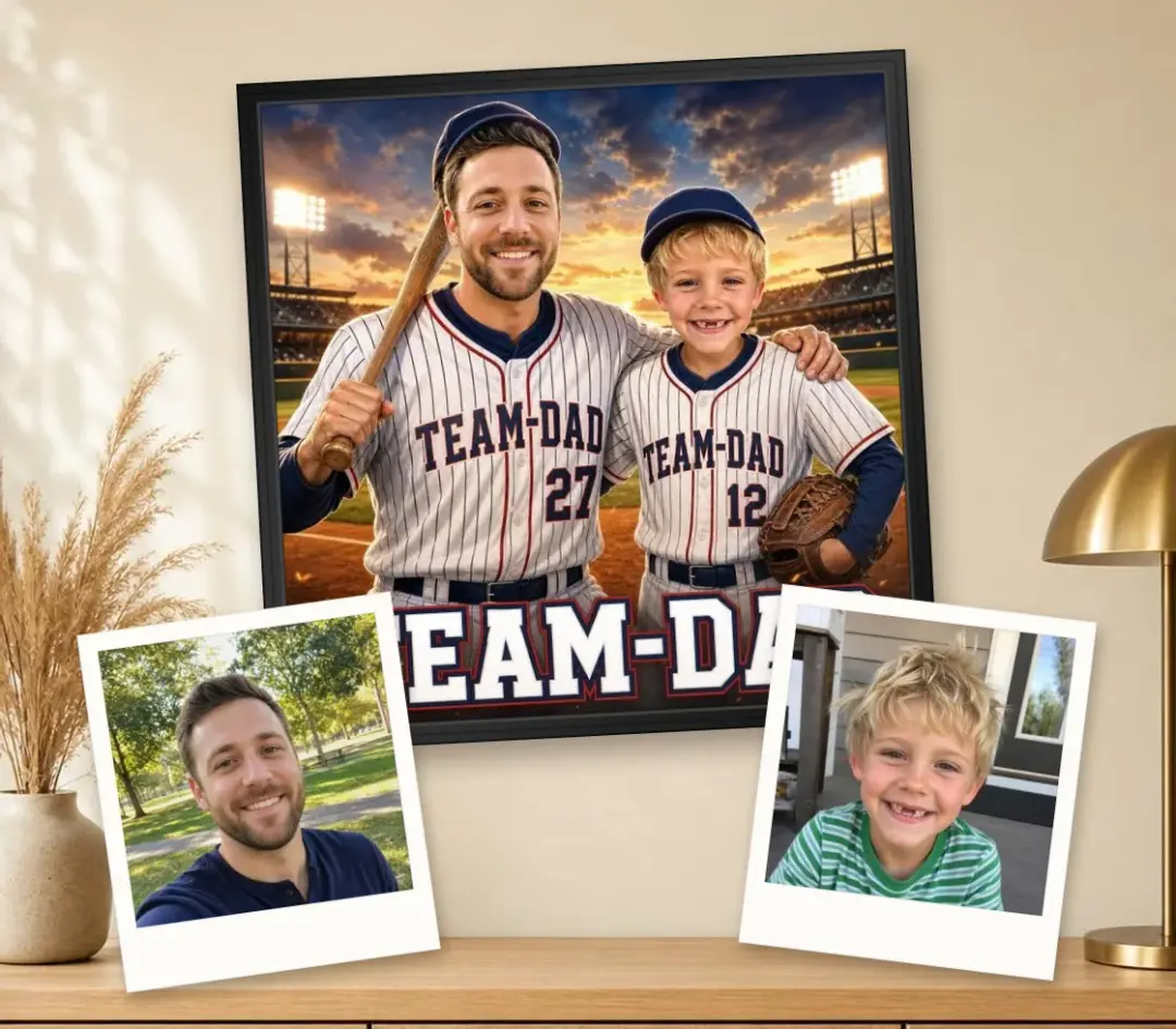 Baseball team poster of a father and young son in pinstripe uniforms, in a black frame, with a photo of each