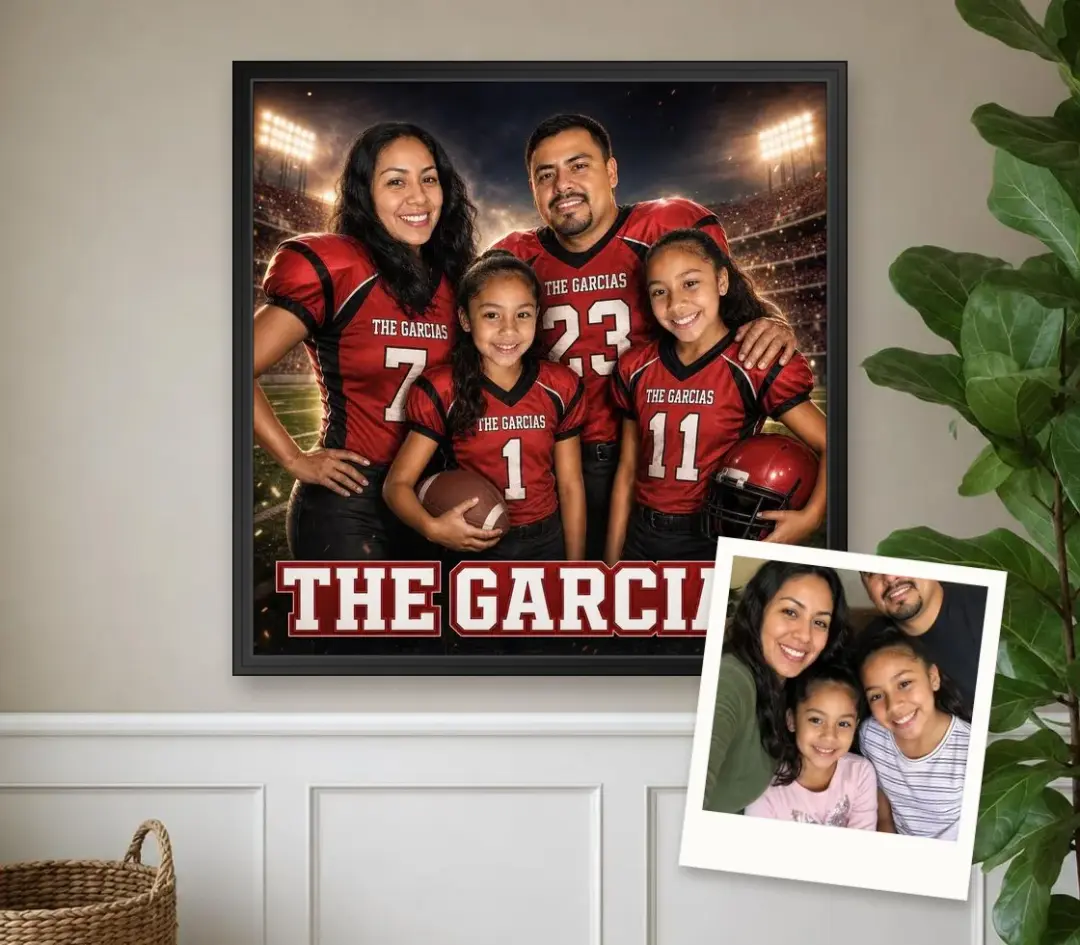Football team poster of a mother, father and two girls in matching jerseys, in a black frame, with the family selfie it was made from