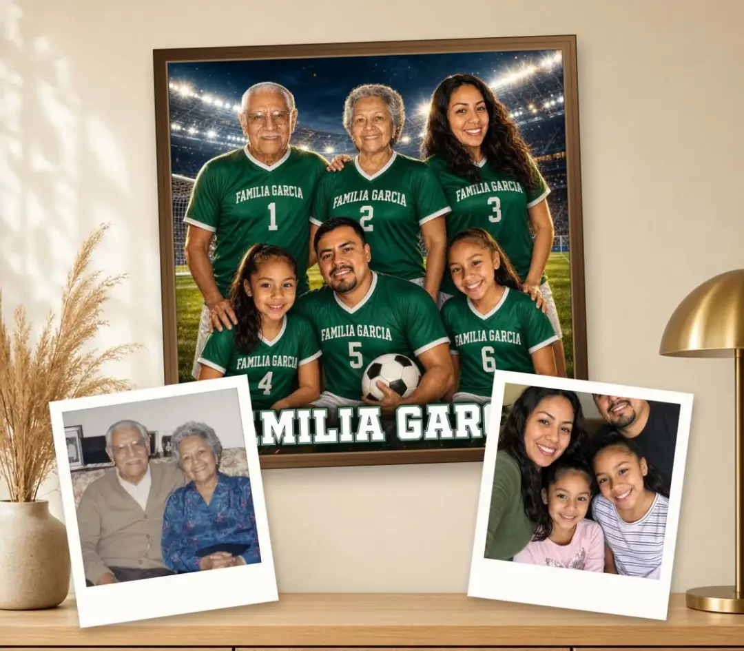 Soccer team poster of grandparents, parents and two girls in green kits, in a walnut frame, with an old print of the grandparents and a family selfie