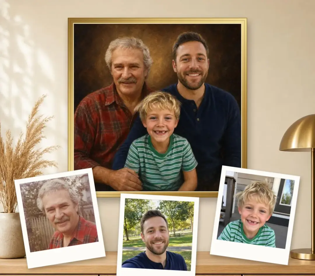 Oil portrait of a grandfather, father and young son in a gold frame, with the three separate photos it was painted from