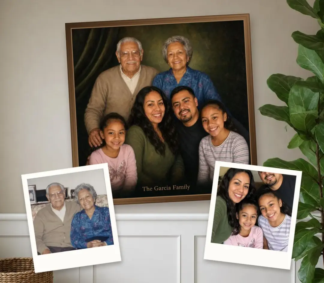 Oil portrait of grandparents, parents and two girls in a walnut frame, with an old print of the grandparents and a family selfie