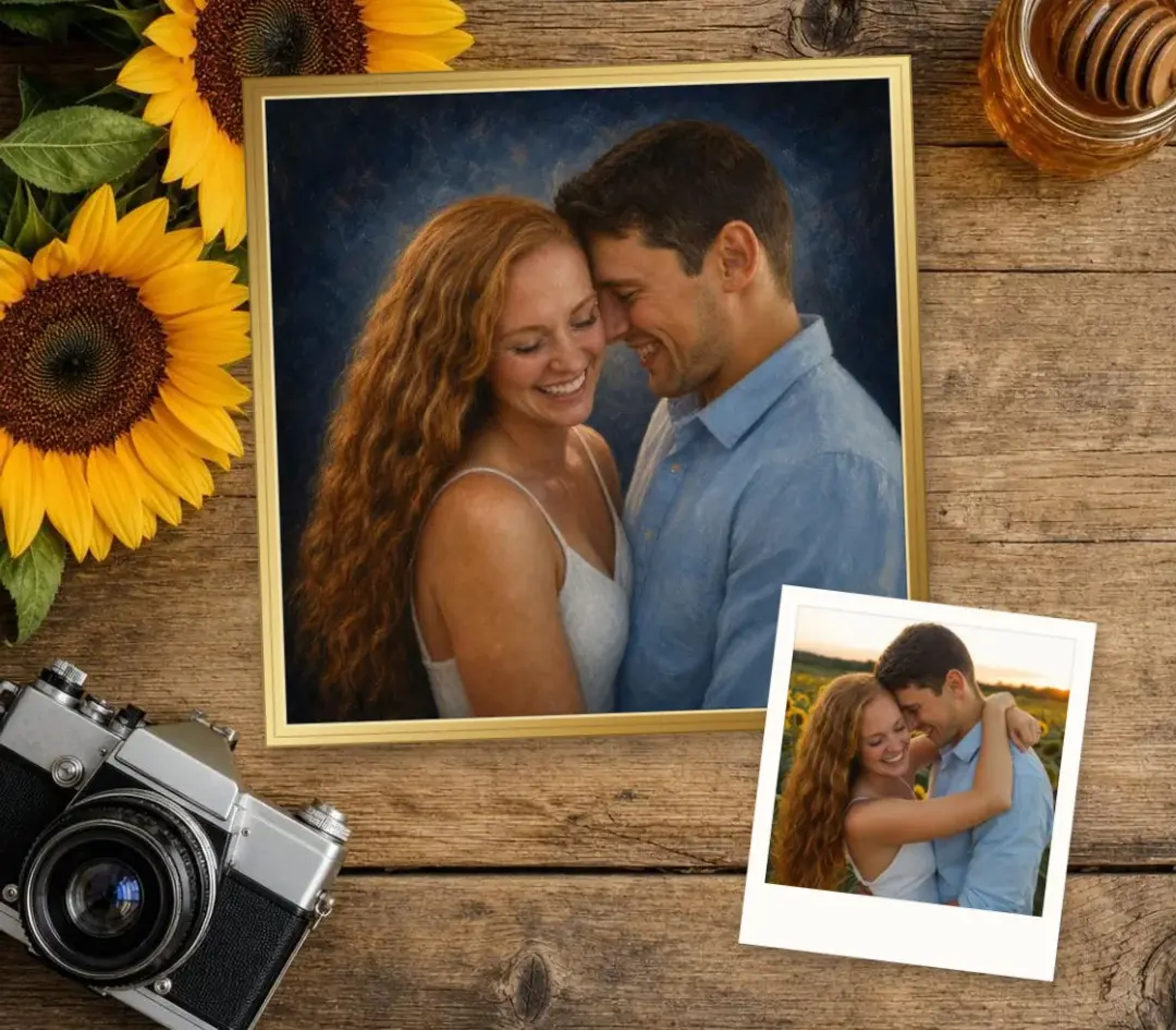 Oil portrait of a couple embracing on a midnight blue backdrop in a gold frame, with the photo it was painted from