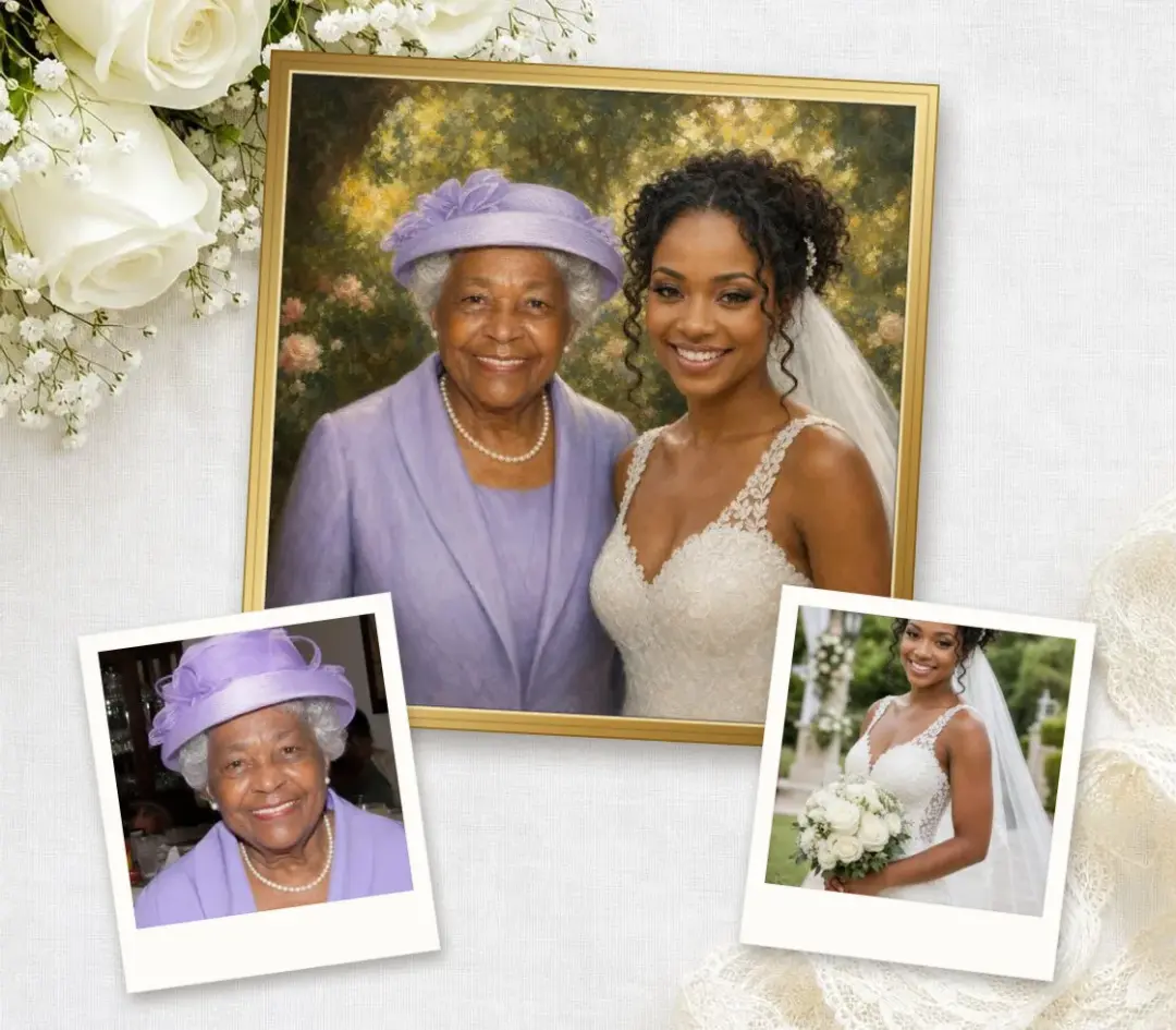 Oil portrait of a bride and her grandmother in a garden, in a gold frame, with a photo of each