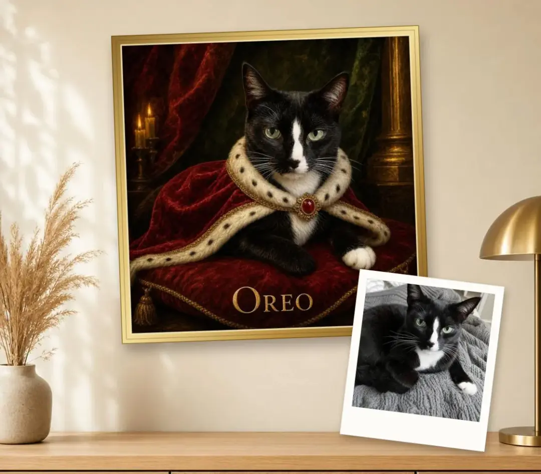 Royal oil portrait of a tuxedo cat in a velvet cape, in a gold frame, with the photo it was painted from