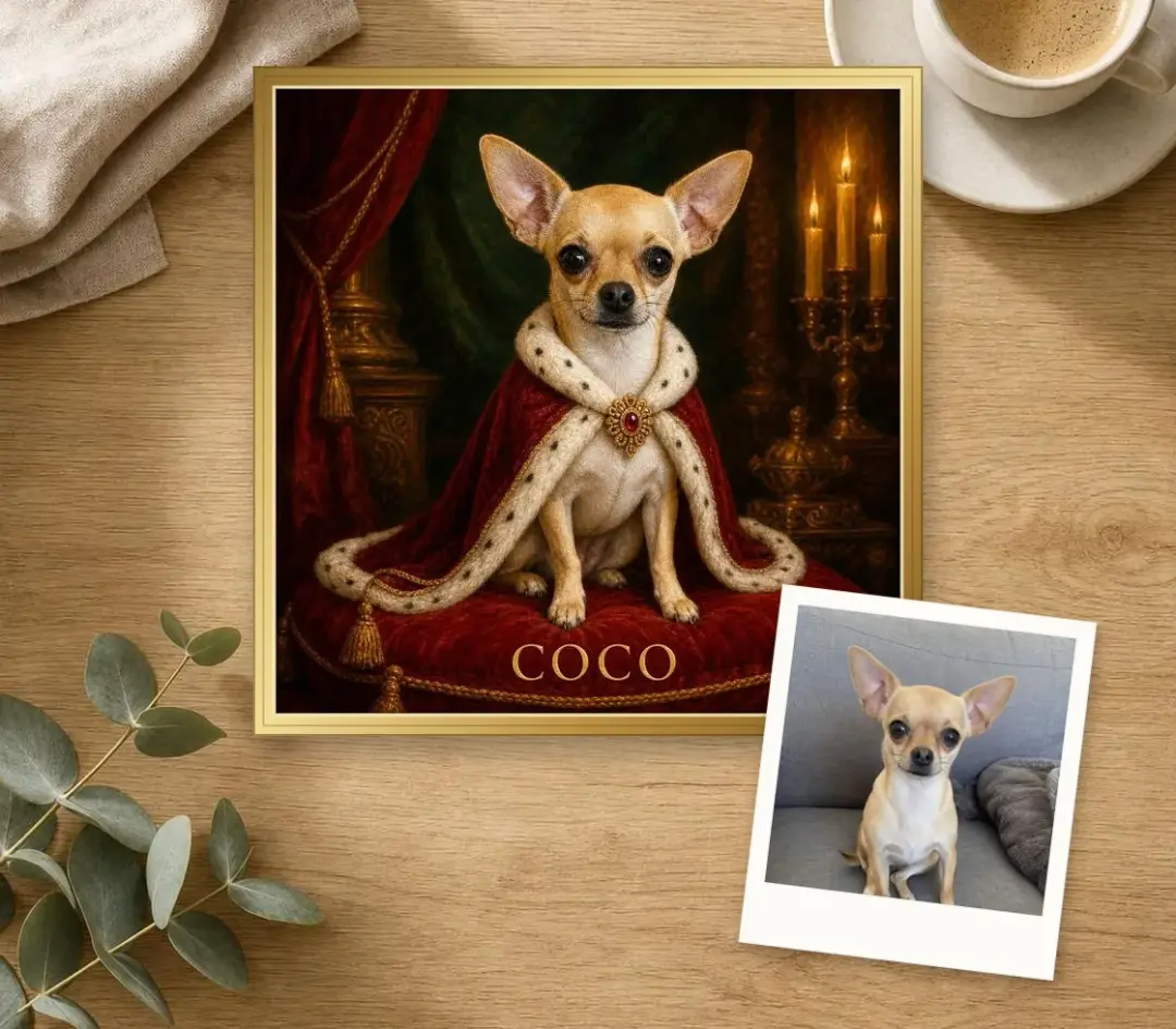 Royal oil portrait of a chihuahua in a velvet cape on a cushion, in a gold frame, with the photo it was painted from