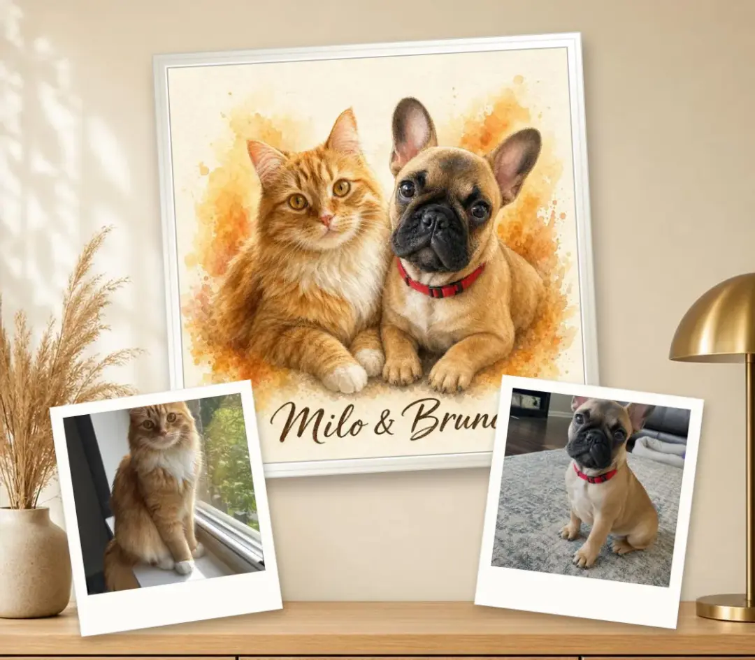 Watercolor of an orange tabby cat and a French bulldog together, in a white frame, with a photo of each