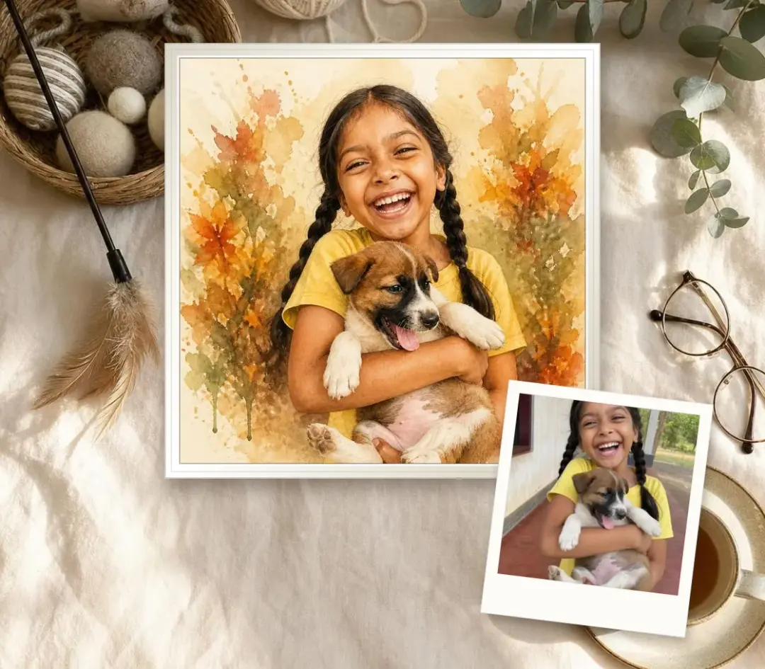 Watercolor portrait of a laughing girl holding her puppy, in a white frame, with the photo it was painted from