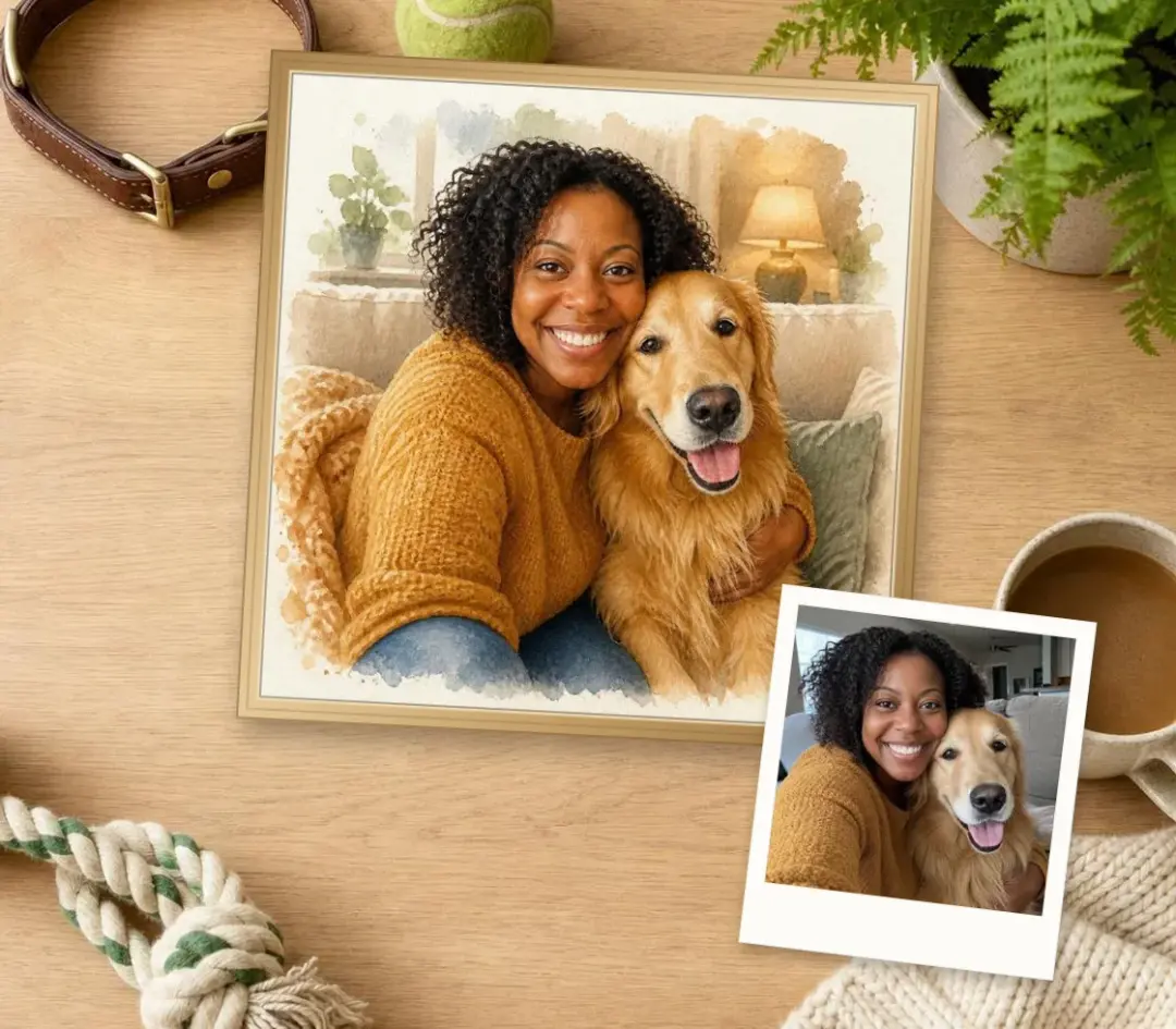 Watercolor portrait of a woman and her golden retriever on a cozy sofa, in an oak frame, with the photo it was painted from