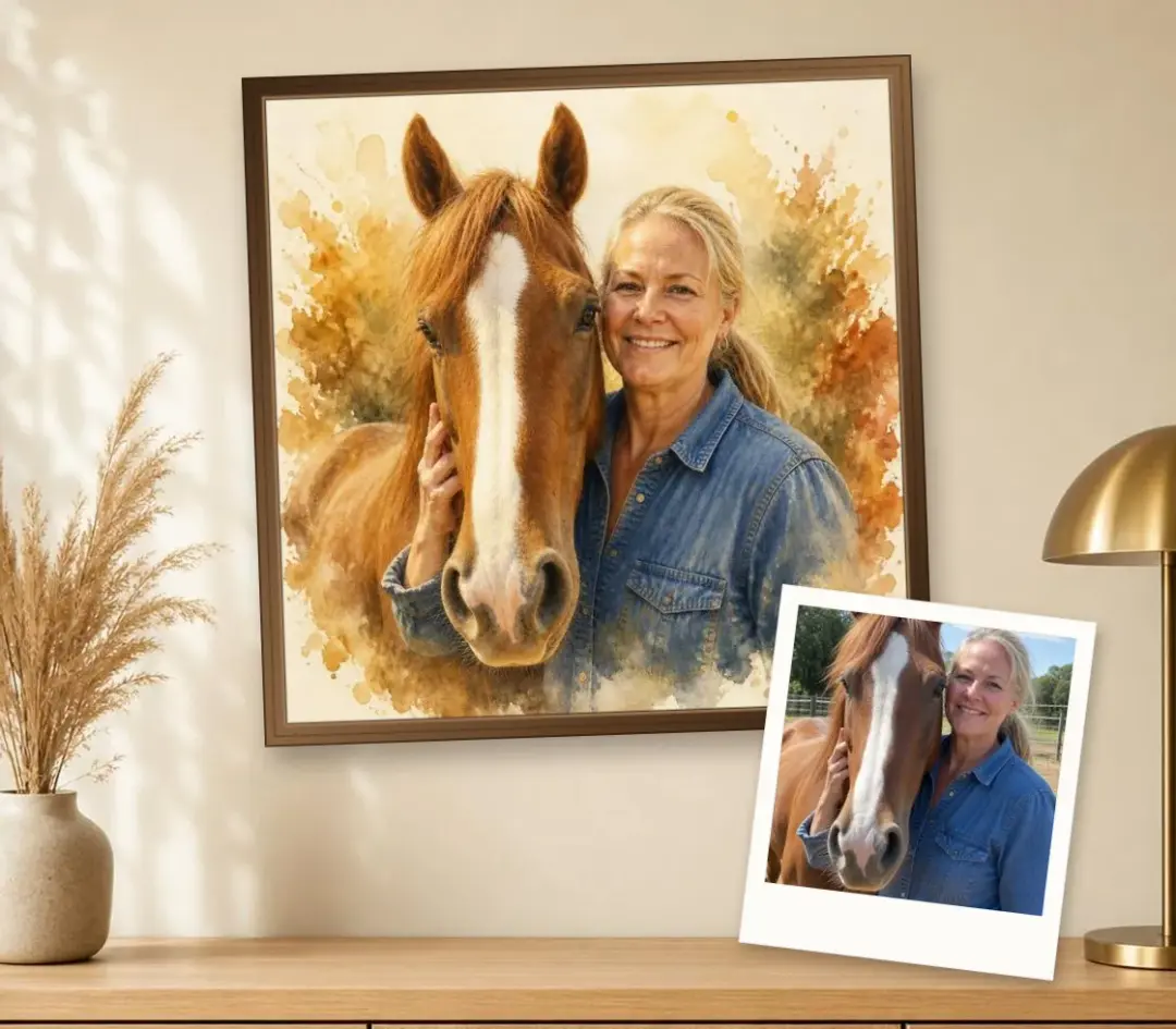 Watercolor portrait of a woman and her chestnut horse cheek to cheek, in a walnut frame, with the photo it was painted from