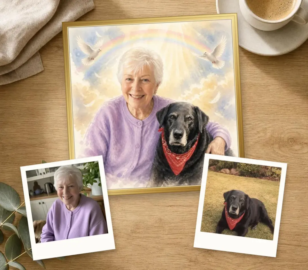 Watercolor memorial portrait of a grandmother with her late black Labrador under a soft rainbow, in a gold frame, with a photo of each