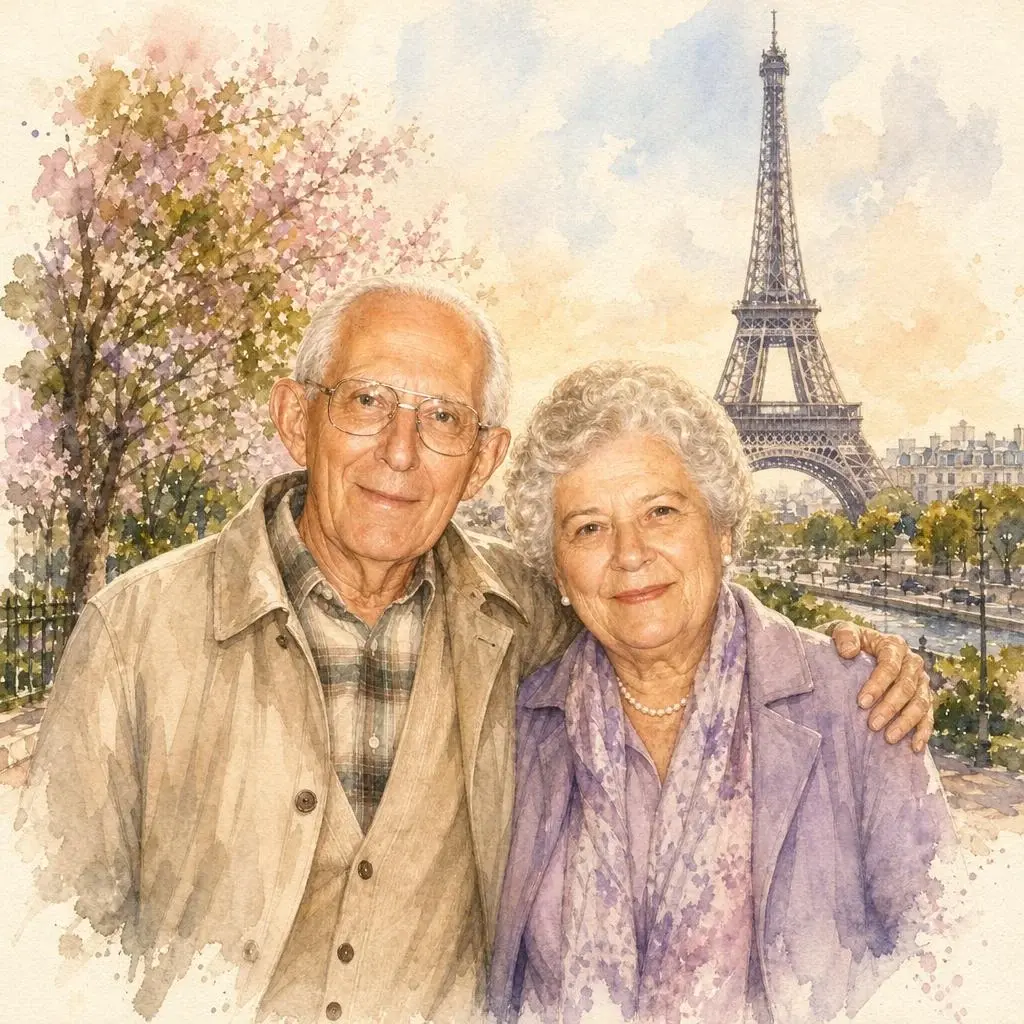 Watercolor of an older couple together in Paris with the Eiffel Tower behind them