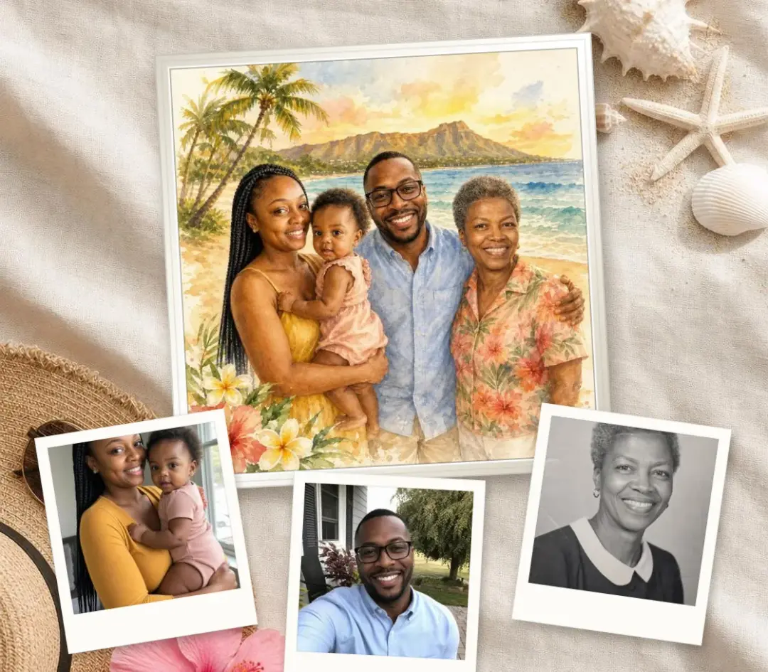 Watercolor of a family with a baby and their late grandmother on a Hawaii beach, framed, with each person's photo