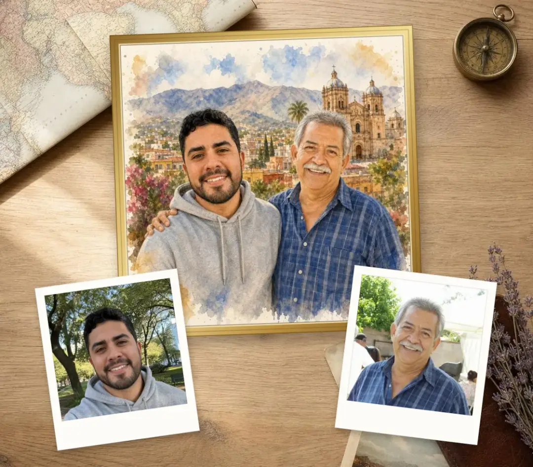 Watercolor of a young man and his late father in Oaxaca, Mexico, framed, with a photo of each of them