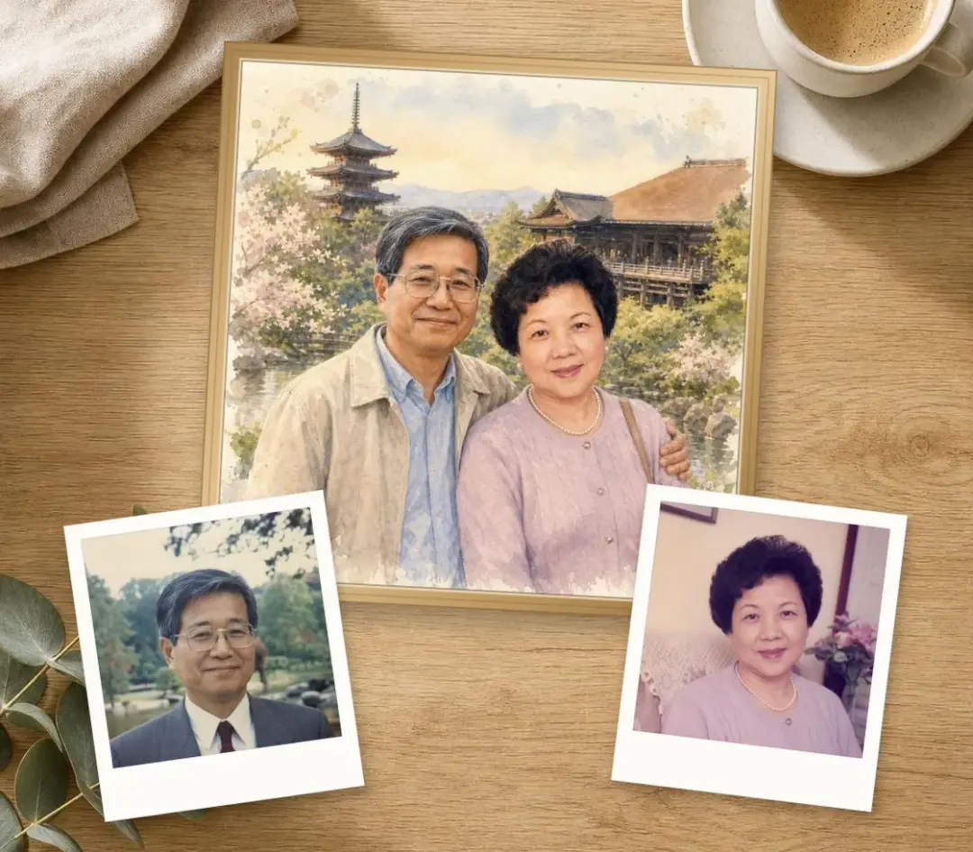 Watercolor of an older couple in Kyoto beside a pagoda and temple, framed, with an old photo of each of them