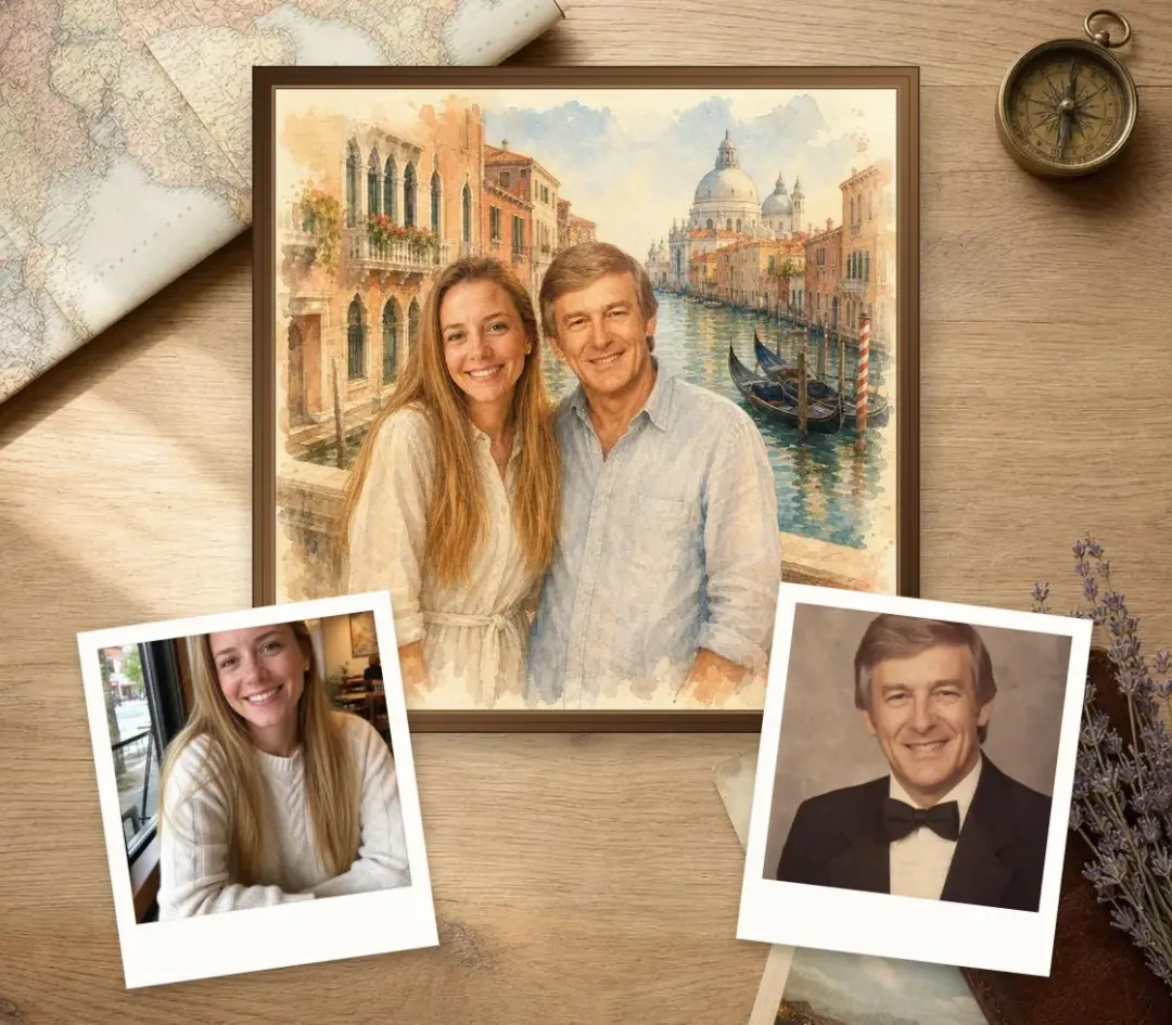 Watercolor of a woman and her late father on a bridge over a Venice canal, framed, with her photo and his old portrait