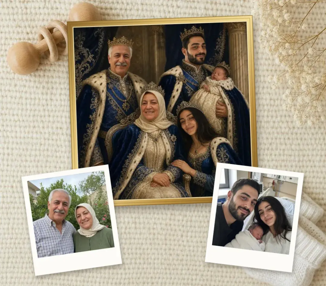 Royal oil portrait of parents with a newborn and the grandparents in a sapphire palace, in a gold frame, with the two photos it was painted from