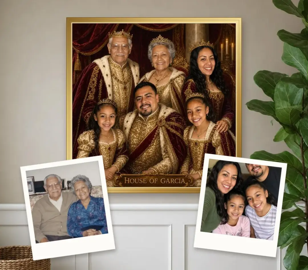 Royal oil portrait of grandparents, parents and two girls in robes and crowns, in a gold frame, with an old print of the grandparents and a family selfie