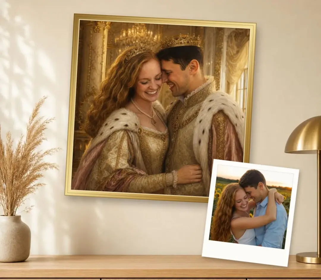 Royal oil portrait of a young couple as king and queen in an ivory and gold ballroom, in a gold frame, with the photo it was painted from