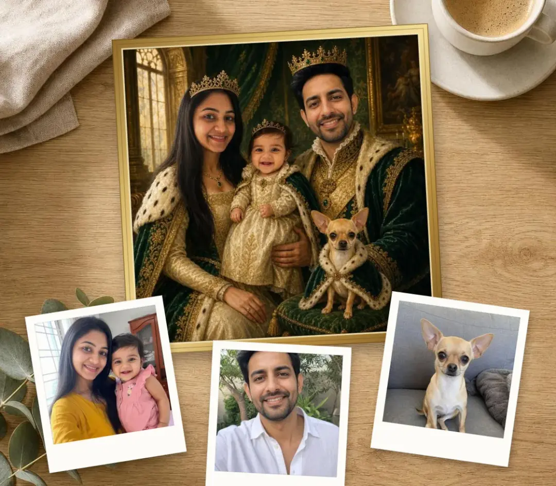 Royal oil portrait of a mother, baby, father and a chihuahua in a velvet cape, in a gold frame, with three separate photos of them