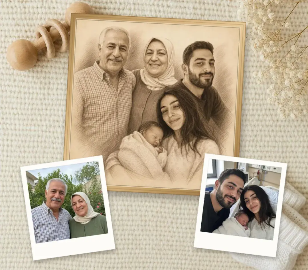 Sepia drawing of parents holding a newborn beside the grandparents, in an oak frame, with the two photos it was drawn from