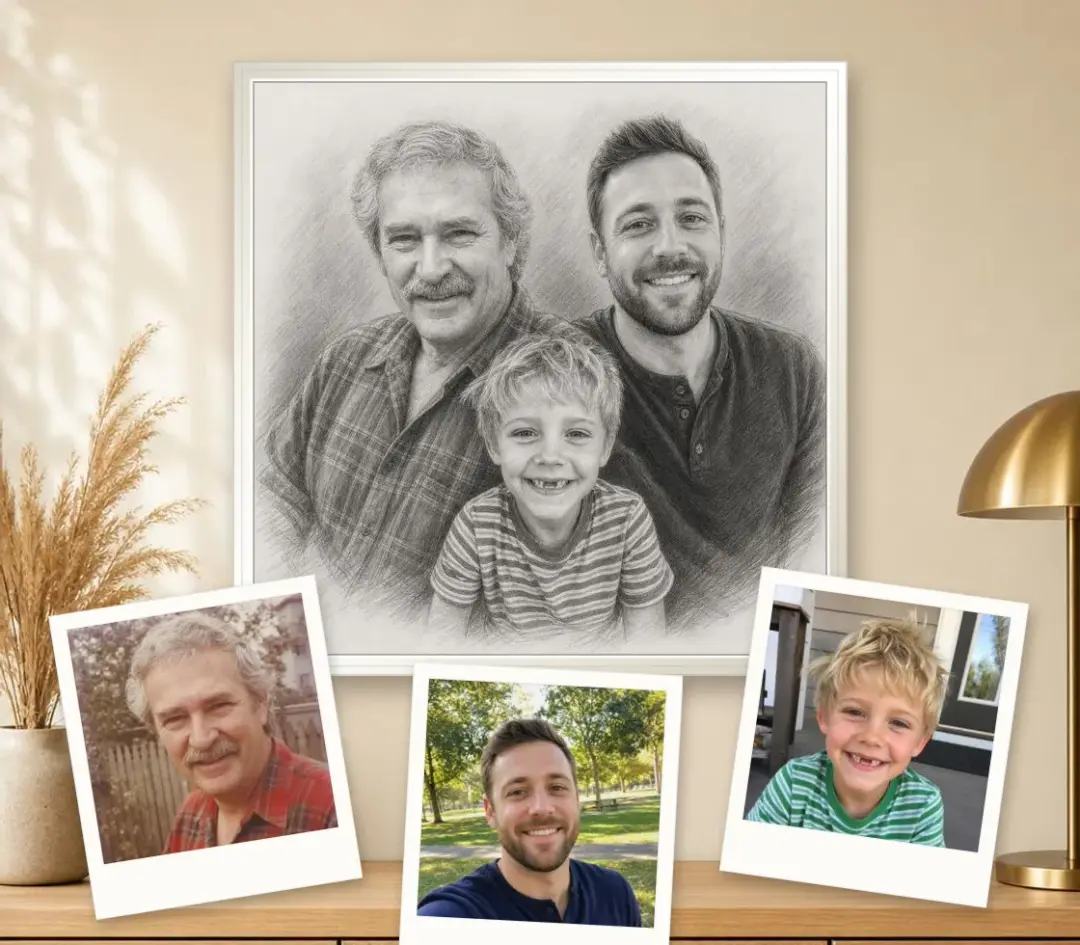 Graphite drawing of a grandfather, father and young son in a white frame, with the three separate photos it was drawn from