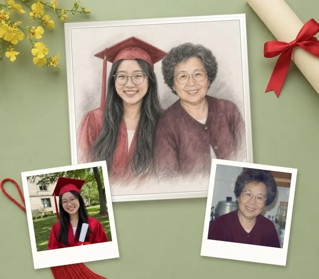 Pencil drawing with a touch of color of a graduate and her grandmother, in a white frame, with a photo of each