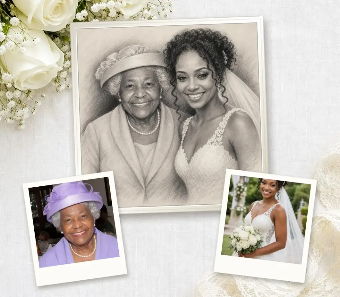 Charcoal drawing of a bride and her grandmother side by side, in a white frame, with a photo of each