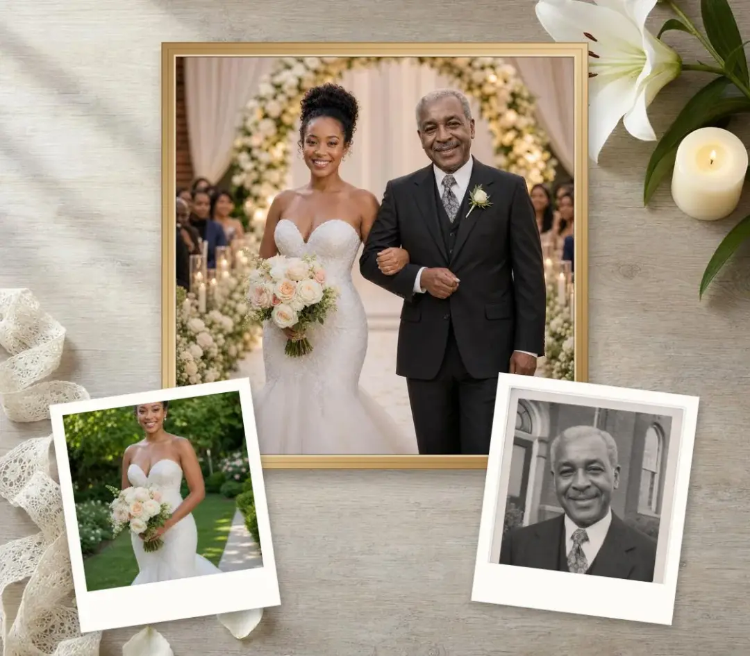 Wedding photo of a bride walking down the aisle arm in arm with her late father, framed, with her wedding photo and his old sepia portrait