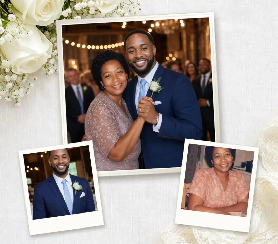 Wedding photo of a groom dancing with his late mother under string lights, framed, with his wedding photo and her old snapshot