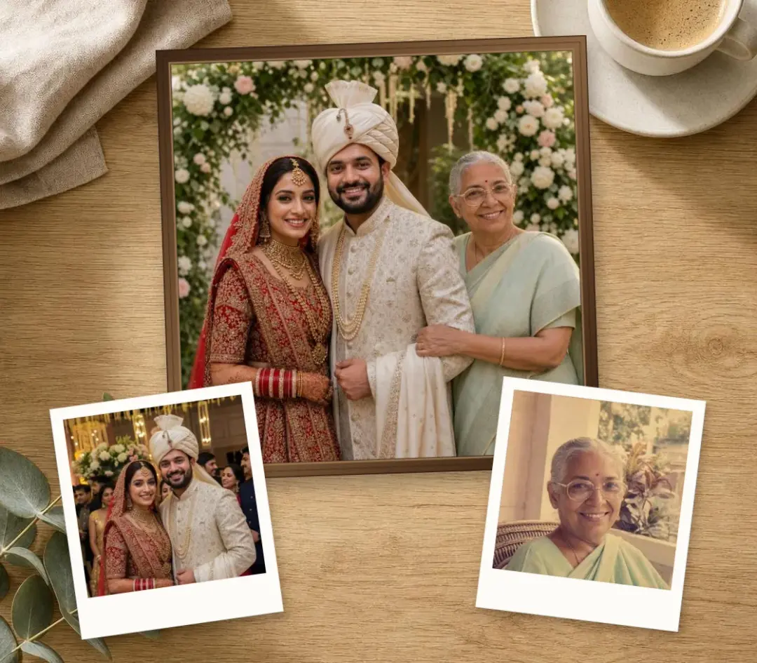 Wedding photo of a couple with the bride's late grandmother, framed, with their wedding photo and an old photo of the grandmother