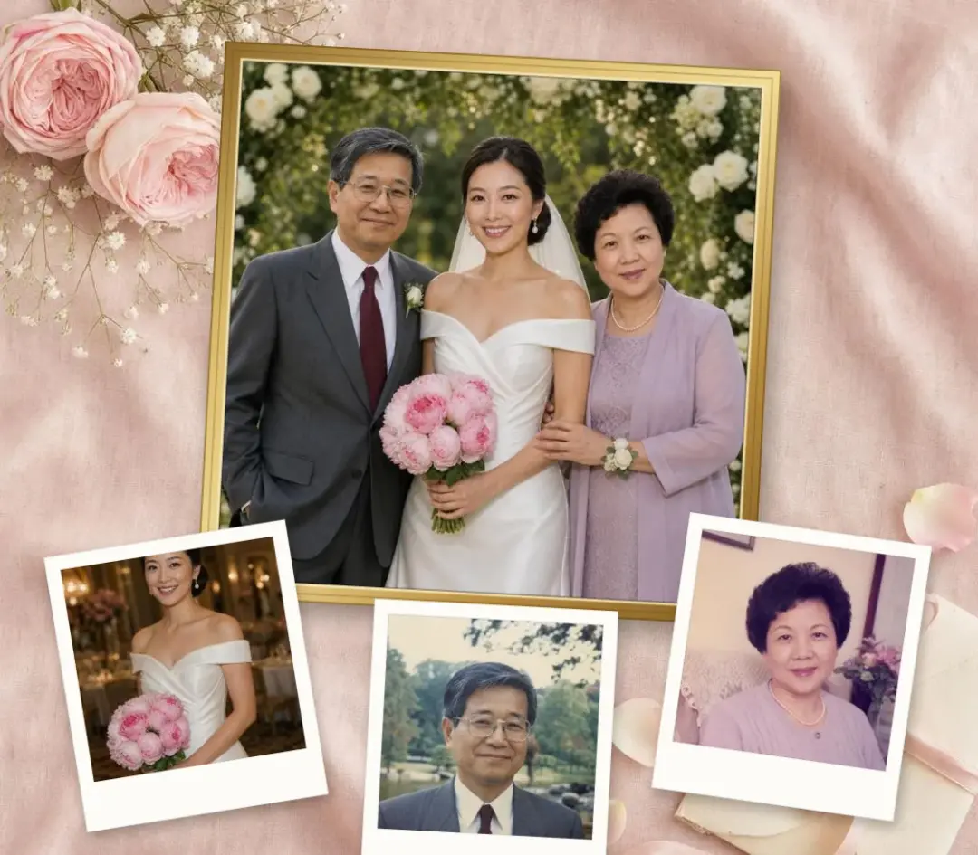 Wedding photo of a bride with both of her late parents, framed, with her wedding photo and an old photo of each parent