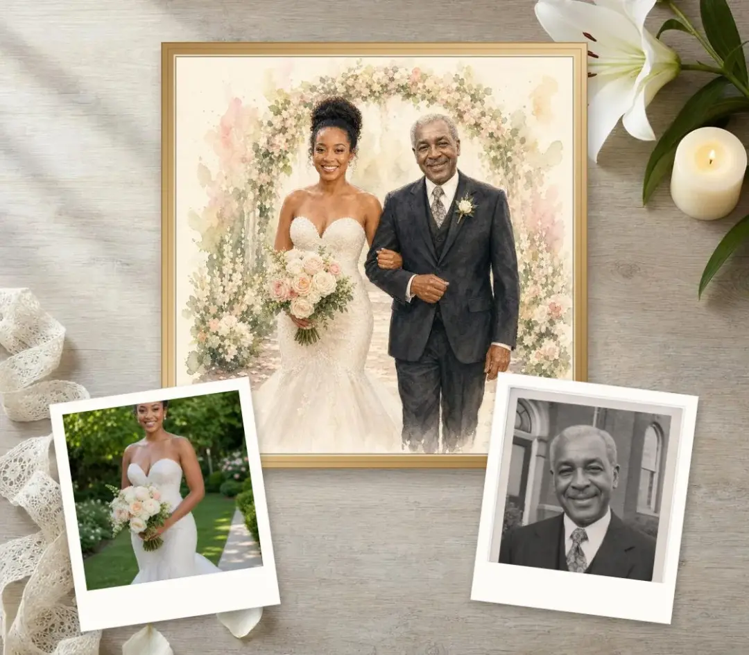 Watercolor of a bride walking down the aisle arm in arm with her late father, framed, with her wedding photo and his old black-and-white portrait