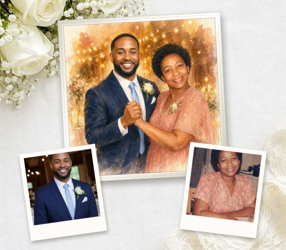 Watercolor of a groom dancing with his late mother under string lights, framed, with his wedding photo and her old snapshot