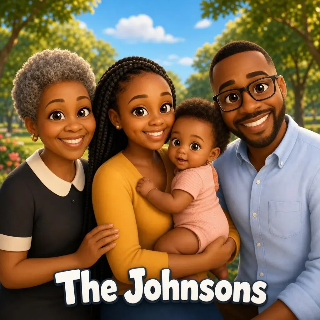 Cartoon family portrait of grandmother, parents and baby in a sunny park