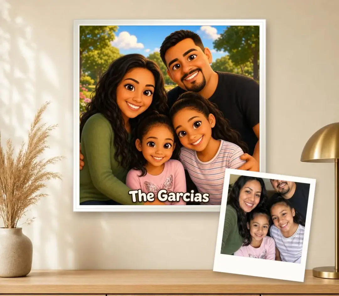 Cartoon portrait of a mother, father and two girls in a sunny park, in a white frame, with the family selfie it was made from