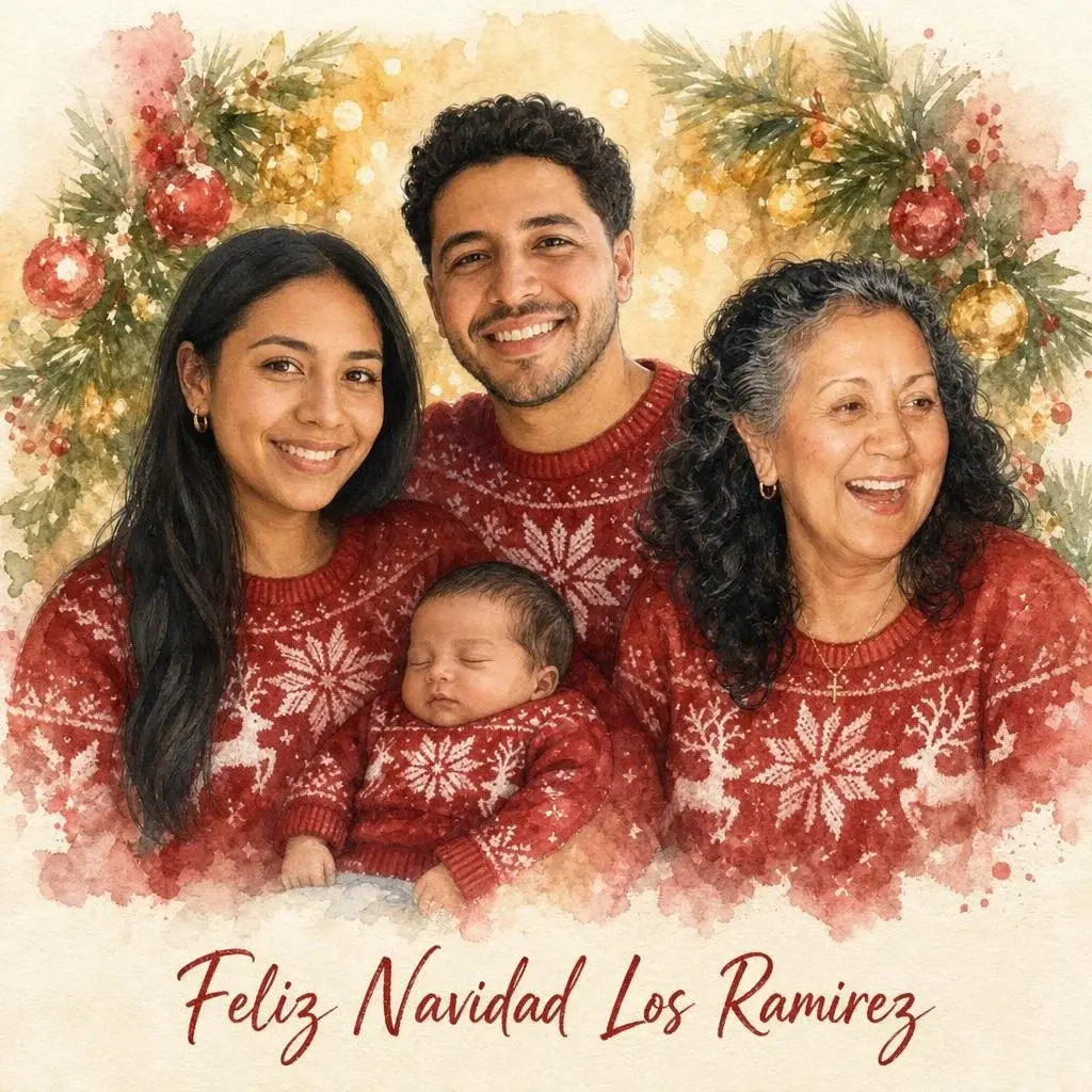 Christmas family portrait of three generations in matching red sweaters